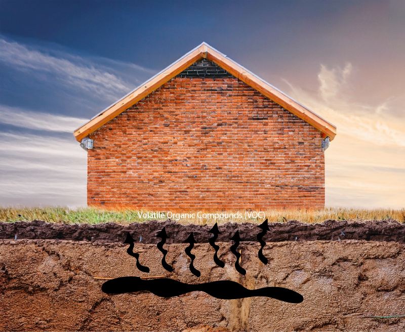 Graphic of brick building and soil contaminants underneath with vapors penetrating the foundation contaminating the air inside