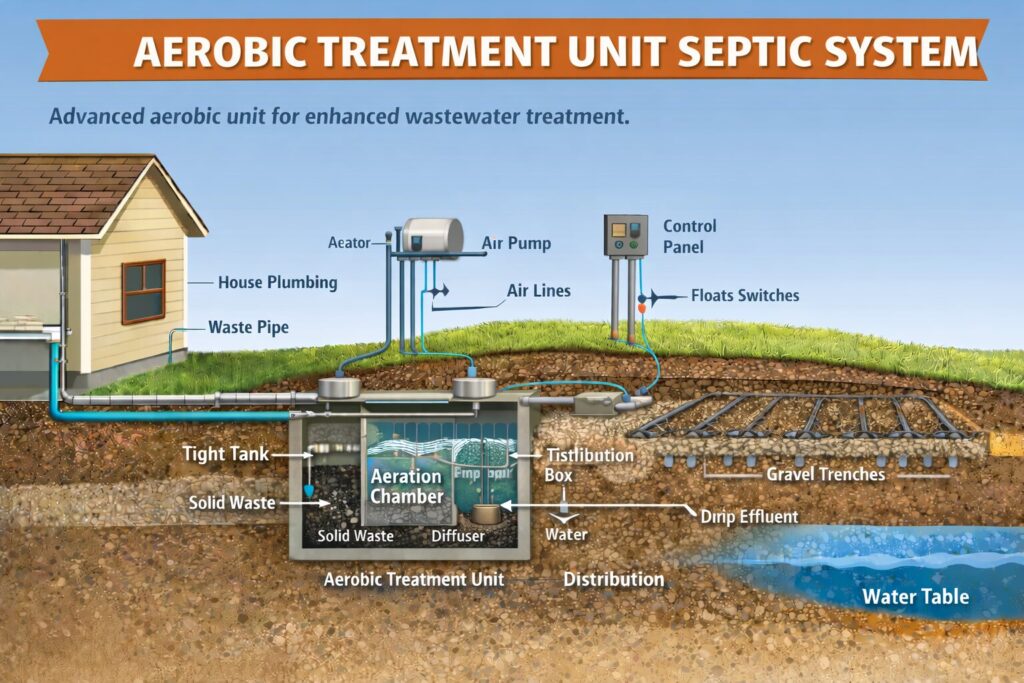diagram of aerobic treatment septic system depicting, tank, air pump, control panel and lines