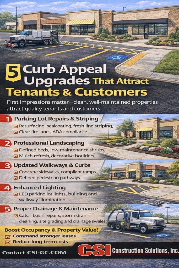 infographic depicting a commercial retail plaza and the list of the five curb appeal topics