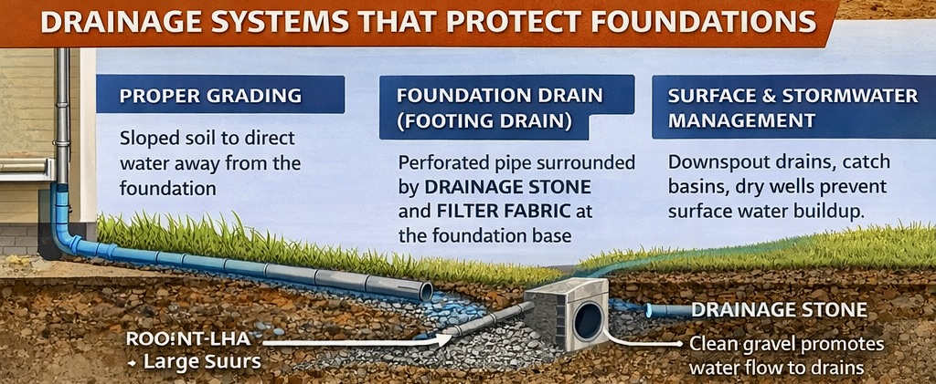 diagram depicting crushed clean stone and proper grading moving water away from the foundation