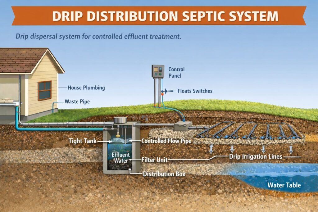 drip distribution septic showing tank, drip irrigation lines and the above control panel