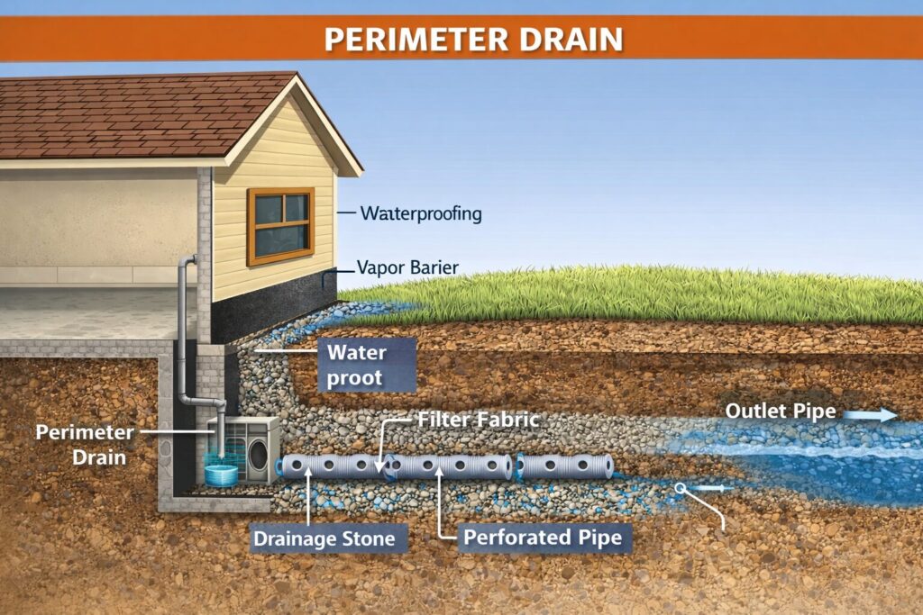 depiction of perimeter drain around foundation properly moving water away from the foundation footings