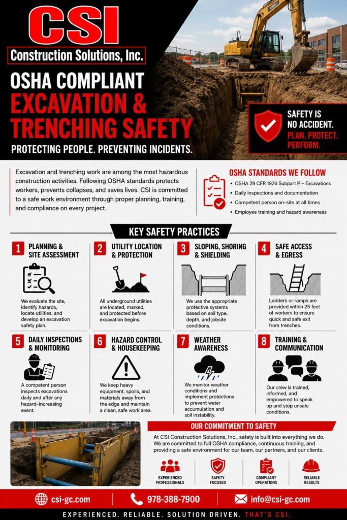 OSHA complaint excavation, planning, soil testing, permits, benching and shoring, site inspections and proper gear,