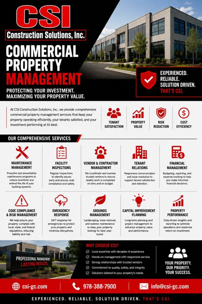 commercial property management strategy infographic, compliance, vendor contractor management, code compliance, emergency response, improved capital improvement