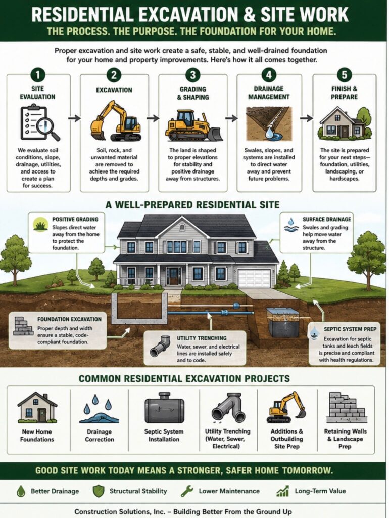 drawing of the list of residential excavation and site work excavation such as excavation utilities foundation work, grading and drainage